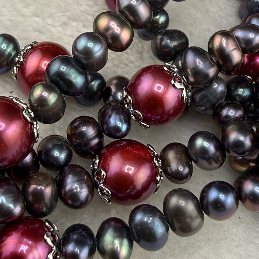 China B Necklace Black Burgundy Pearl 925 Sterling Magnetic Clasp 44in